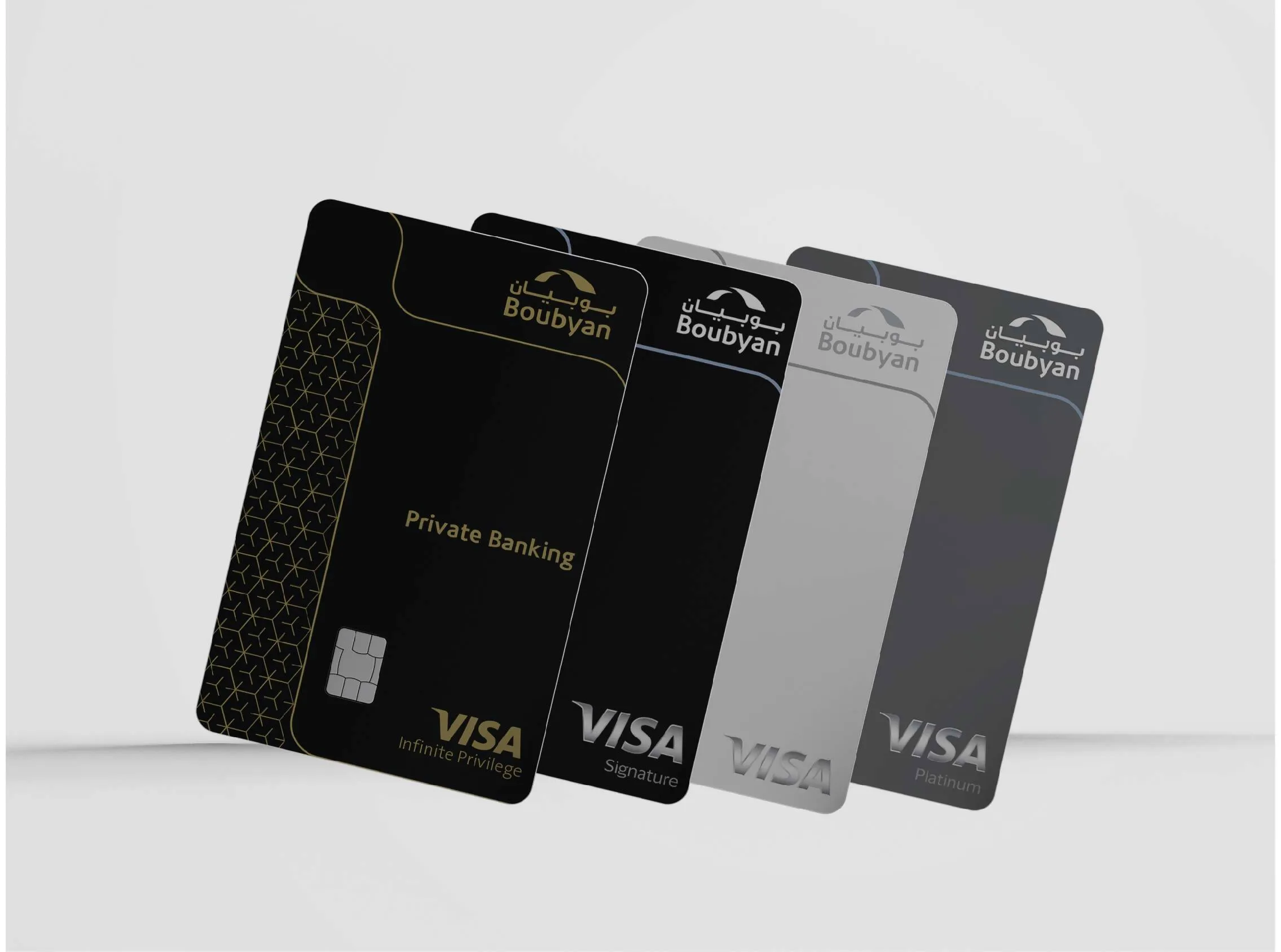 بطاقات ائتمان بوبيان فيزا معروضة، لتسليط الضوء على دخول حملة Boubyan Xperience لجوائز الفورمولا 1.
