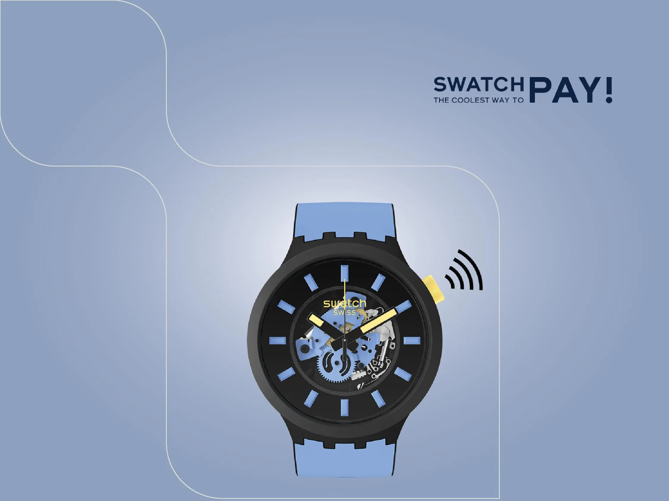 Black and blue Swatch watch with a blue band with NFC supported for smart payments.